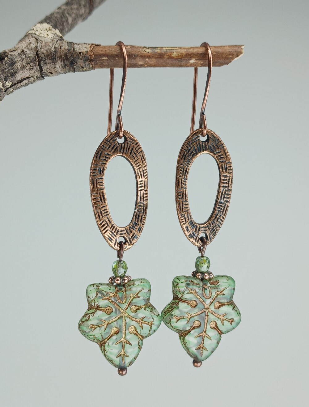 HAND CRAFTED Green Czech Glass Leaf Copper Dangle Earrings Boho Rustic